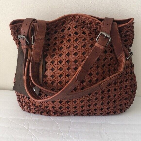 VILENCA HOLLAND Handbag Leather Woven Cut Out Buckle Tote Cognac New - Picture 4 of 14